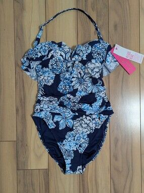 NWT! Lilly Pulitzer Rubyann One Piece Swim Suit Low Tide Navy Bouquet All Day 0